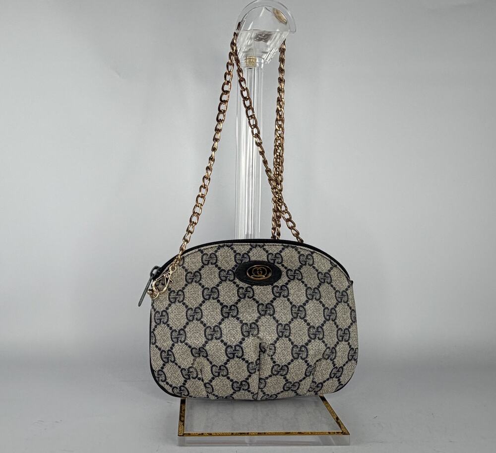 Gucci Vintage GG Plus Navy Coated Canvas Oval Zip Crossbody Bag Chain Strap